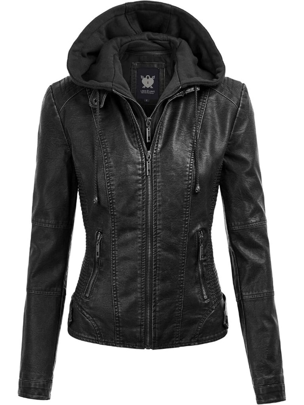 Women Black Faux Leather Removable Hoodie Side Pockets Quilted Moto Biker Jacket